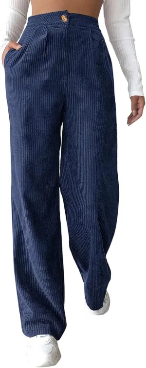 sdbrld Corduroy Pants Women High Waisted Fashion 2024 Spring Elastic Straight Leg Trousers Corduroy Work Pants with Pockets