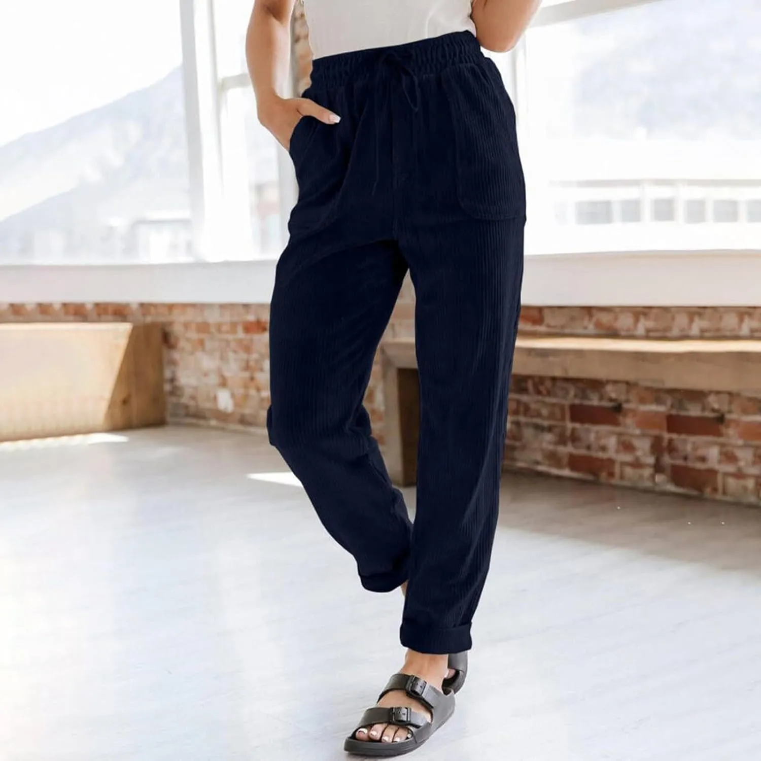 sdbrld Corduroy Pants Women High Waisted Fashion 2024 Spring Elastic Straight Leg Trousers Corduroy Work Pants with Pockets