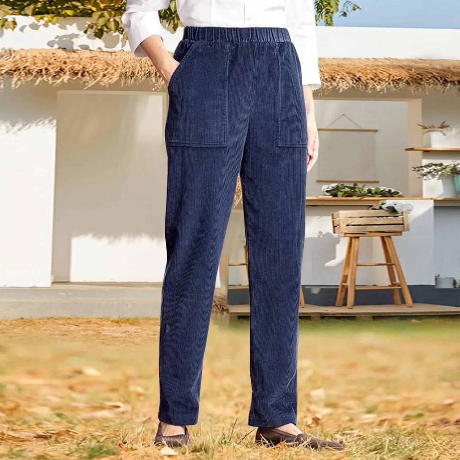 sdbrld Corduroy Pants Women High Waisted Fashion 2024 Spring Elastic Straight Leg Trousers Corduroy Work Pants with Pockets
