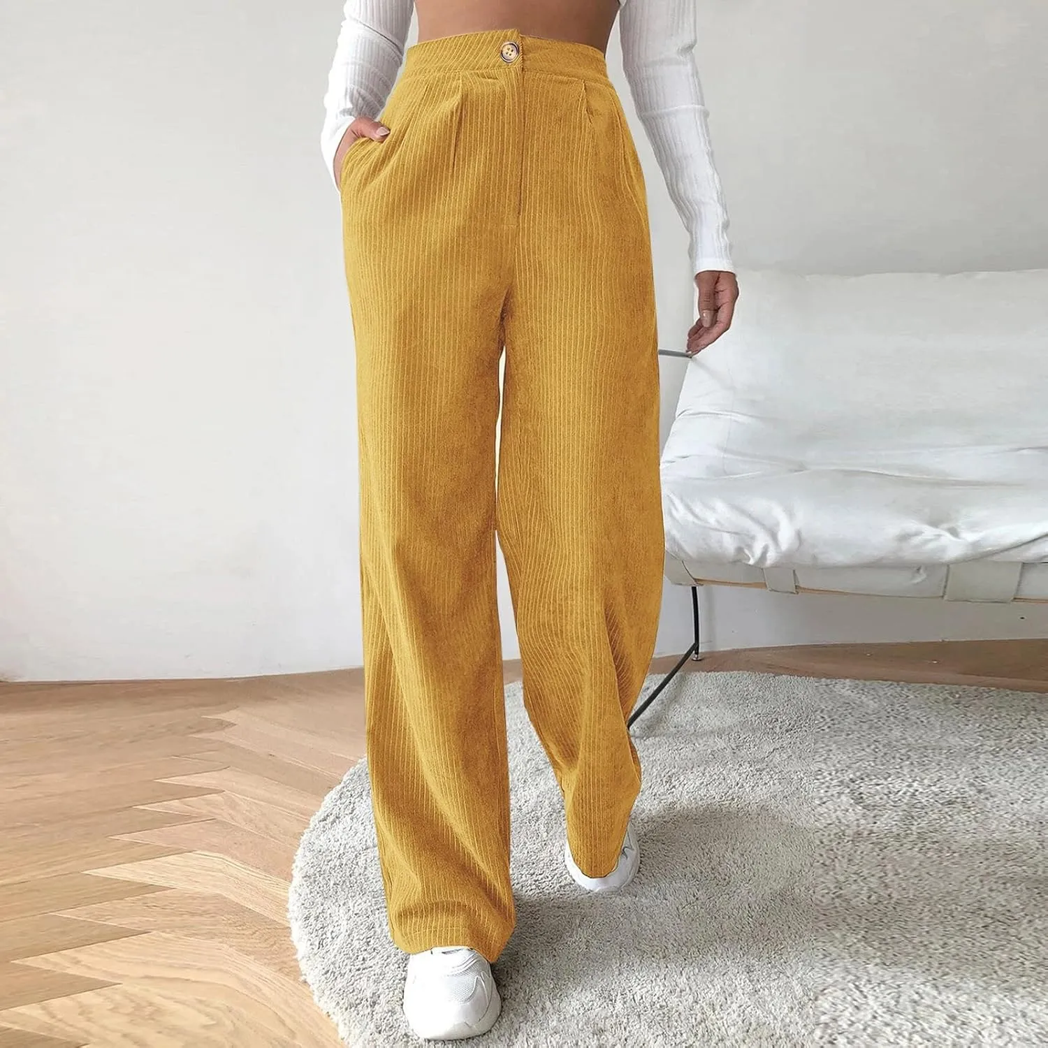 sdbrld Corduroy Pants Women High Waisted Fashion 2024 Spring Elastic Straight Leg Trousers Corduroy Work Pants with Pockets
