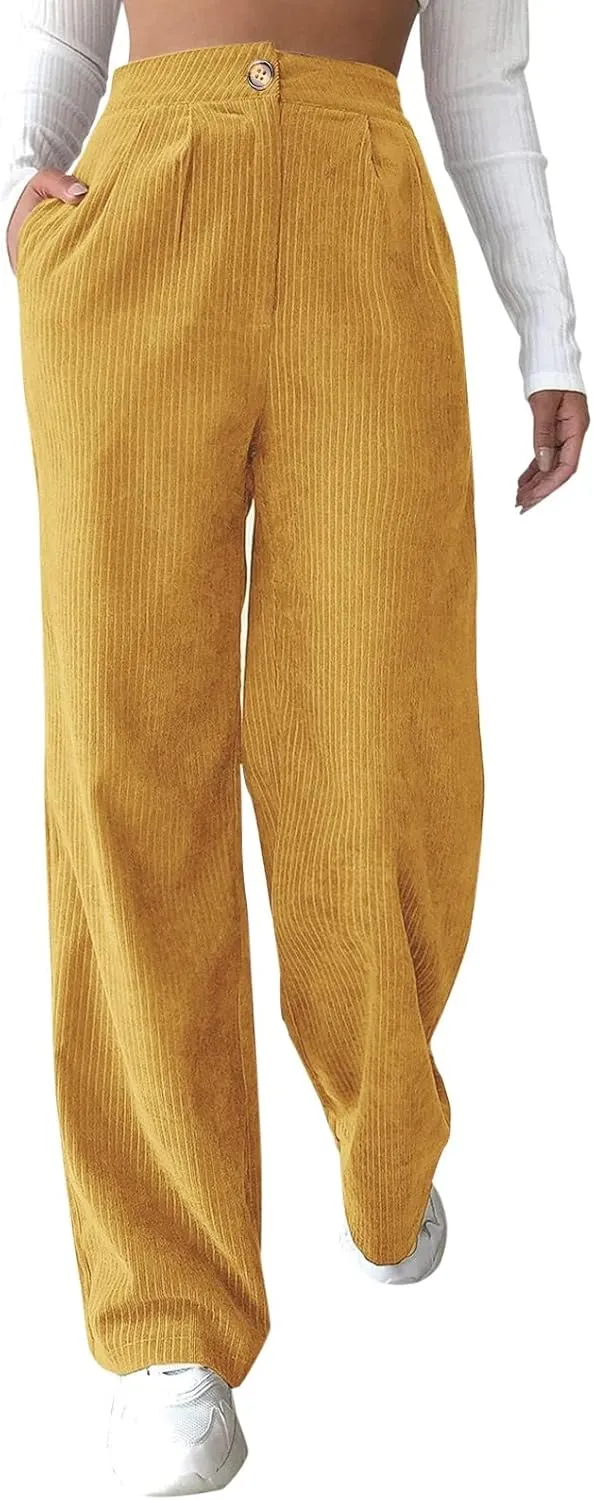 sdbrld Corduroy Pants Women High Waisted Fashion 2024 Spring Elastic Straight Leg Trousers Corduroy Work Pants with Pockets