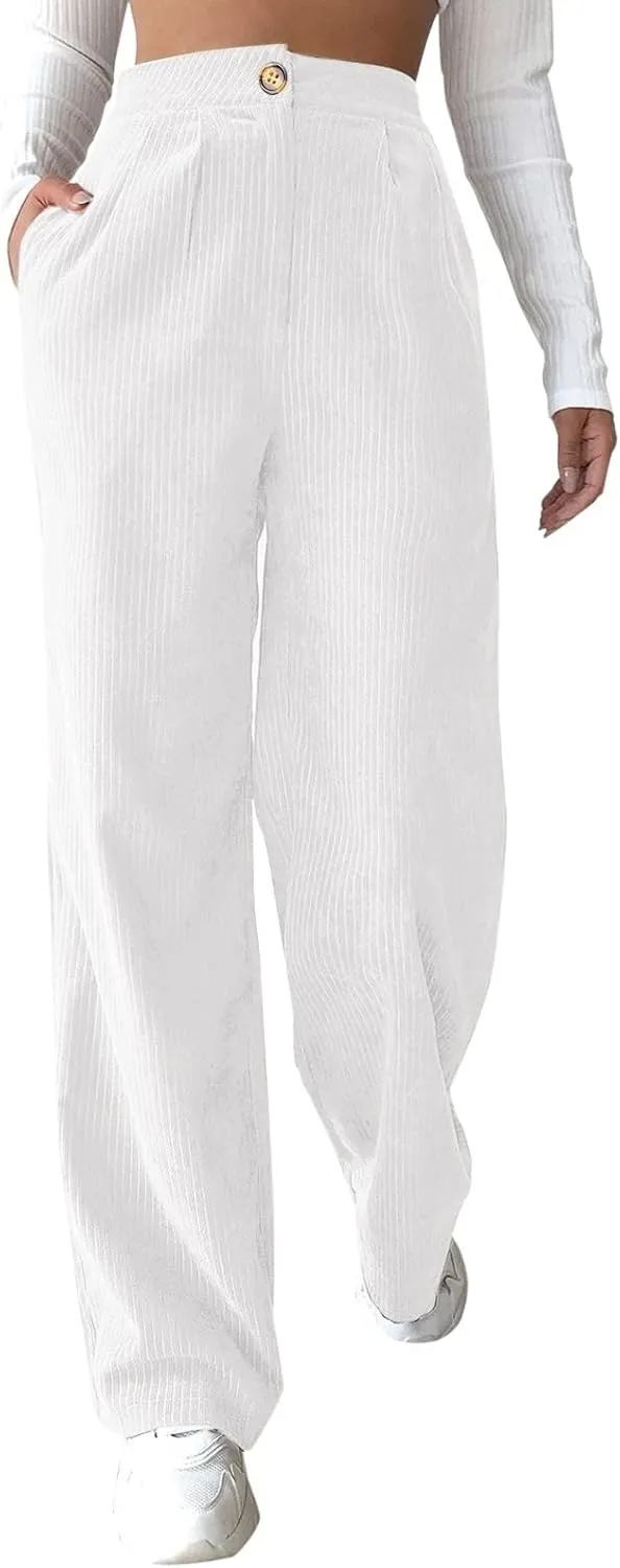 sdbrld Corduroy Pants Women High Waisted Fashion 2024 Spring Elastic Straight Leg Trousers Corduroy Work Pants with Pockets