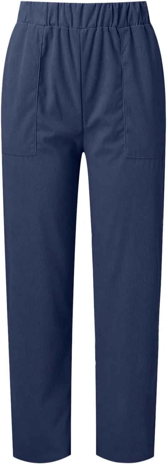 sdbrld Corduroy Pants Women High Waisted Fashion 2024 Spring Elastic Straight Leg Trousers Corduroy Work Pants with Pockets