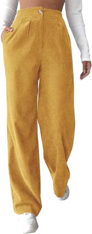 sdbrld Corduroy Pants Women High Waisted Fashion 2024 Spring Elastic Straight Leg Trousers Corduroy Work Pants with Pockets