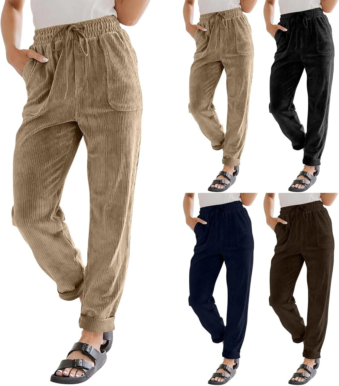 sdbrld Corduroy Pants Women High Waisted Fashion 2024 Spring Elastic Straight Leg Trousers Corduroy Work Pants with Pockets