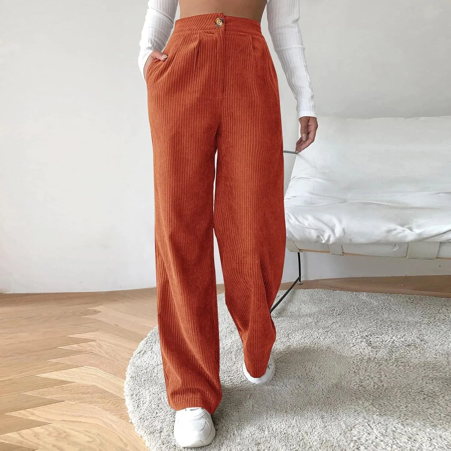 sdbrld Corduroy Pants Women High Waisted Fashion 2024 Spring Elastic Straight Leg Trousers Corduroy Work Pants with Pockets