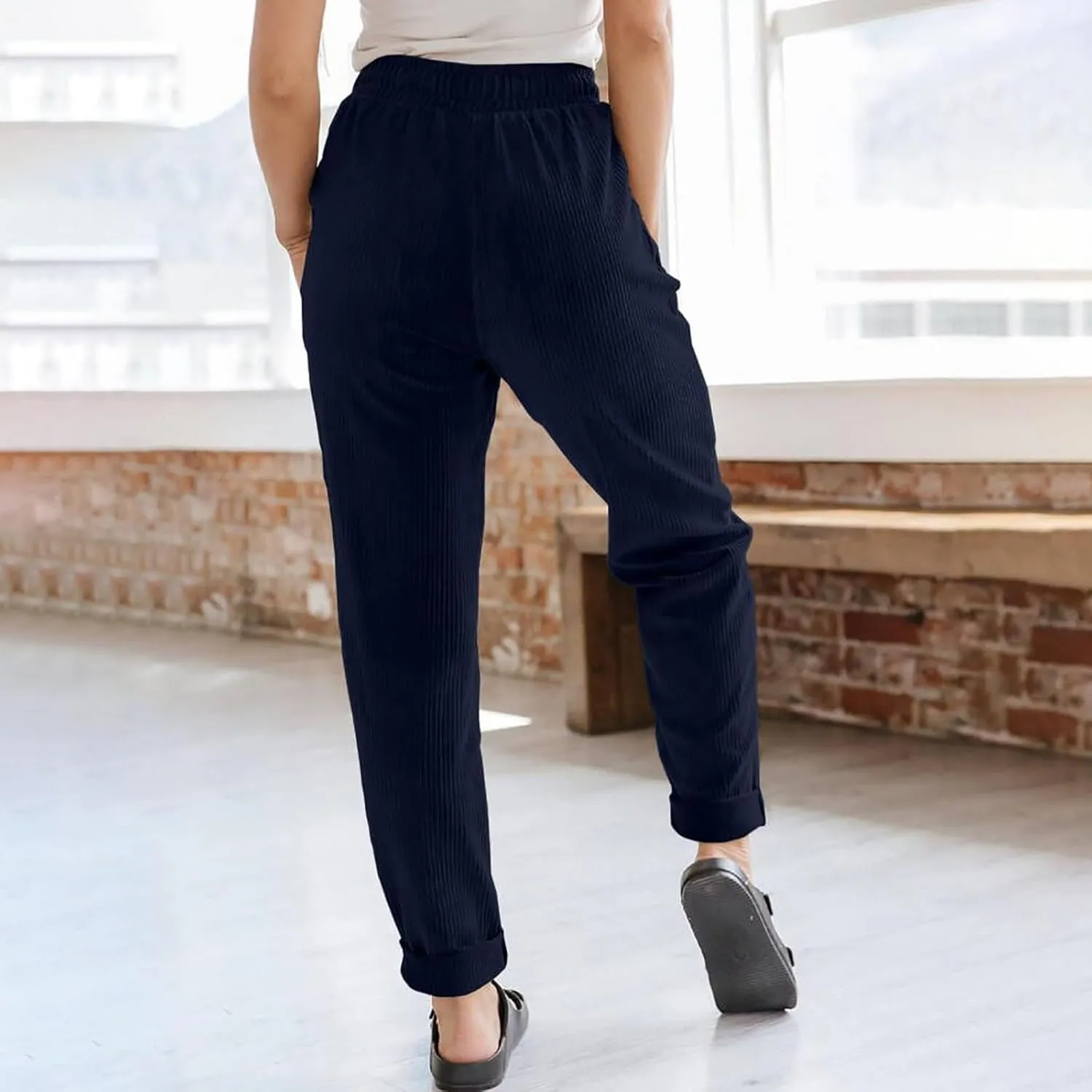 sdbrld Corduroy Pants Women High Waisted Fashion 2024 Spring Elastic Straight Leg Trousers Corduroy Work Pants with Pockets