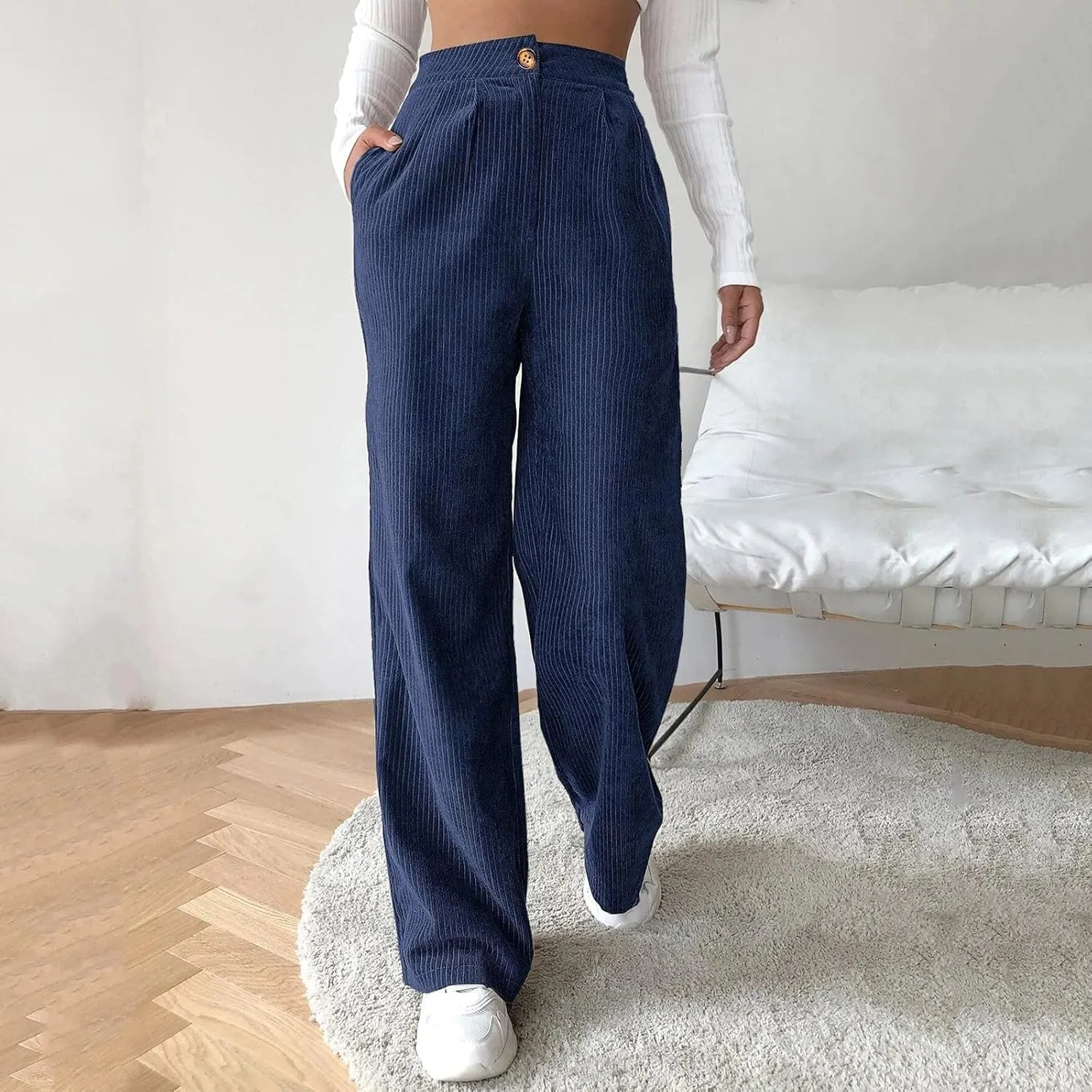 sdbrld Corduroy Pants Women High Waisted Fashion 2024 Spring Elastic Straight Leg Trousers Corduroy Work Pants with Pockets