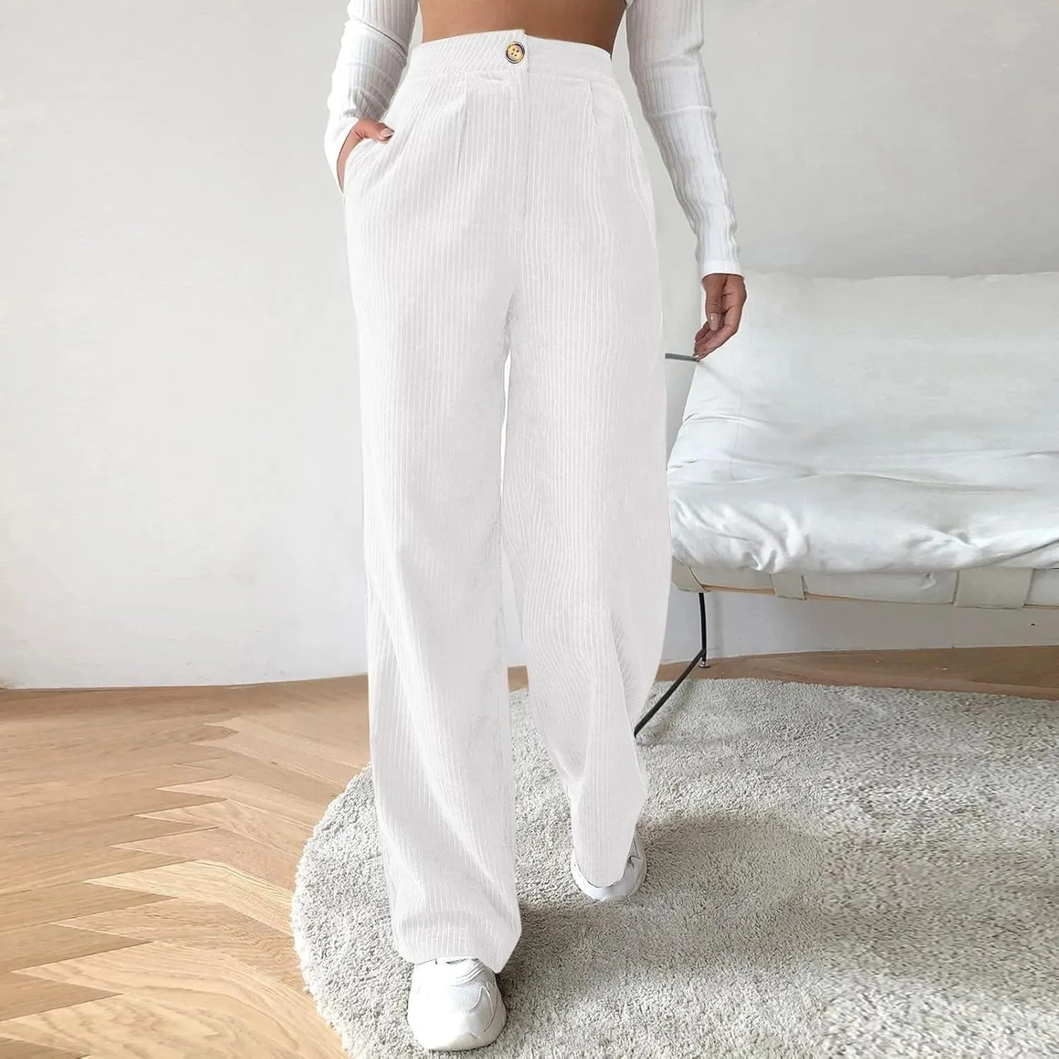 sdbrld Corduroy Pants Women High Waisted Fashion 2024 Spring Elastic Straight Leg Trousers Corduroy Work Pants with Pockets