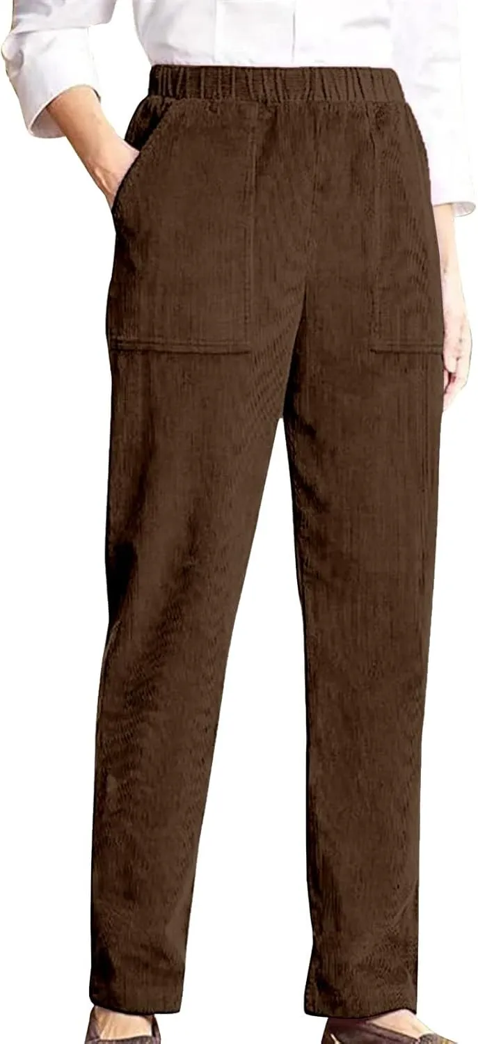 sdbrld Corduroy Pants Women Petite 2024 Spring Elastic High Waist Pull On Straight Leg Slacks Casual Trousers with Pockets