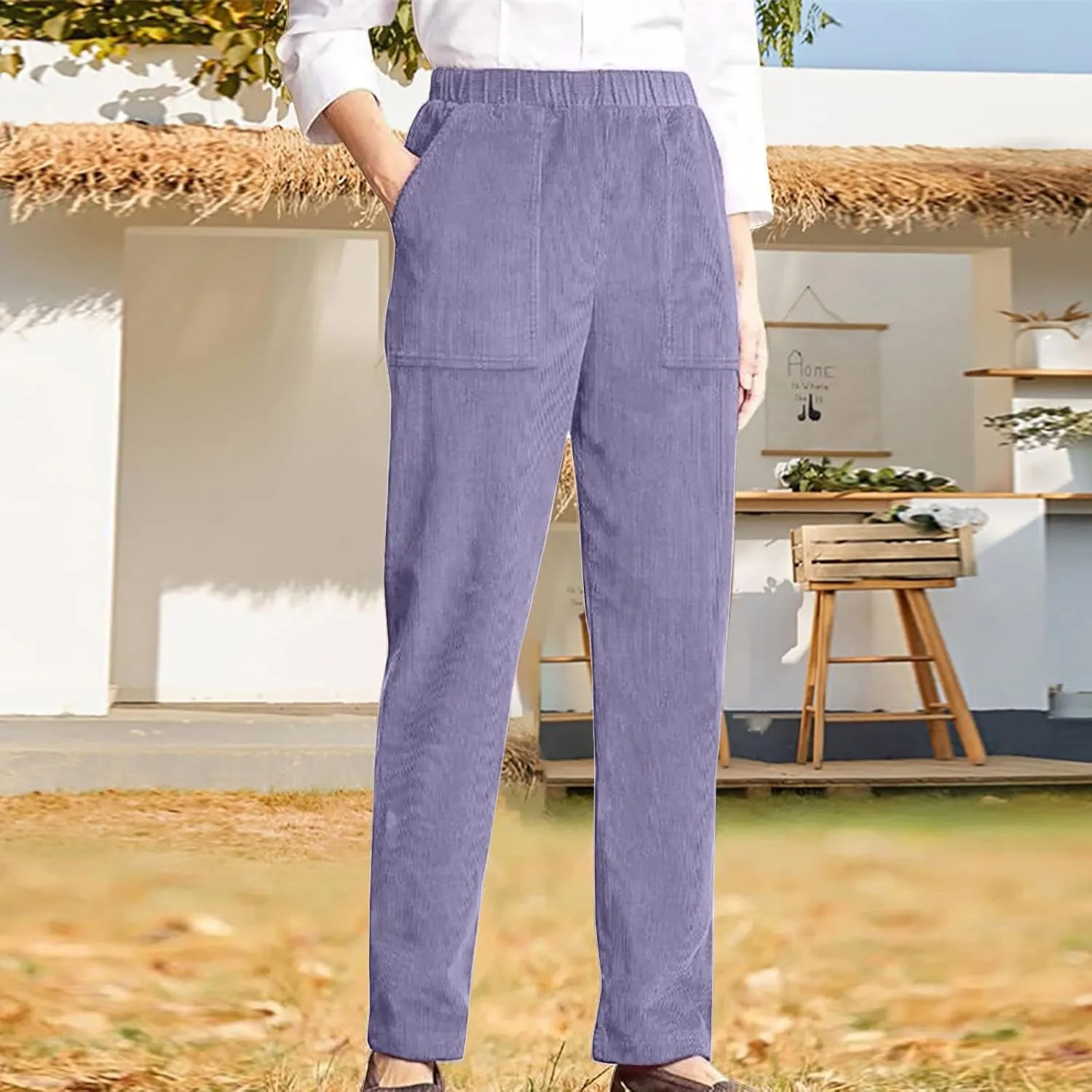 sdbrld Corduroy Pants Women Petite 2024 Spring Elastic High Waist Pull On Straight Leg Slacks Casual Trousers with Pockets