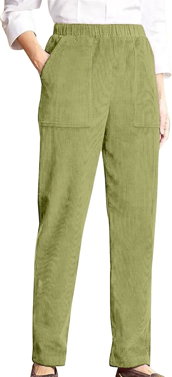 sdbrld Corduroy Pants Women Petite 2024 Spring Elastic High Waist Pull On Straight Leg Slacks Casual Trousers with Pockets