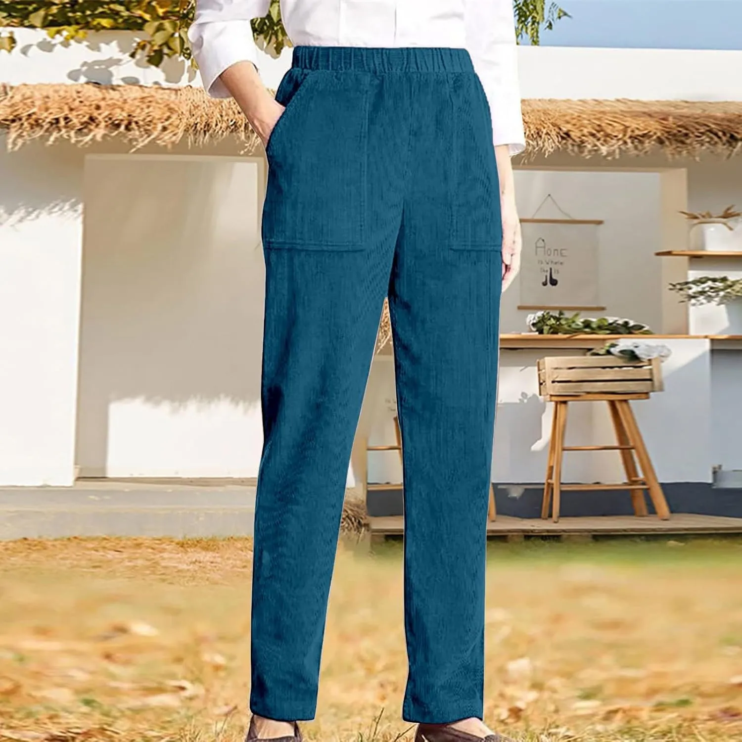 sdbrld Corduroy Pants Women Petite 2024 Spring Elastic High Waist Pull On Straight Leg Slacks Casual Trousers with Pockets