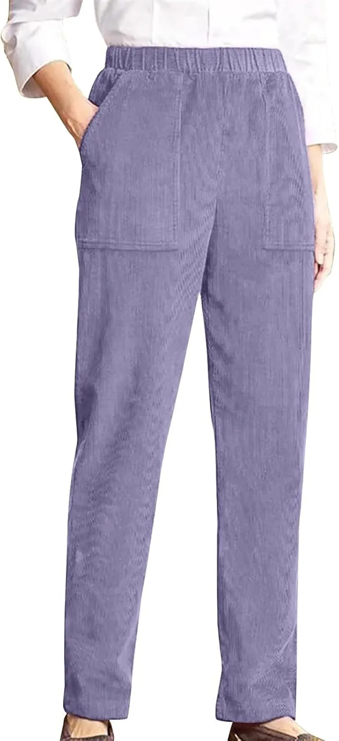sdbrld Corduroy Pants Women Petite 2024 Spring Elastic High Waist Pull On Straight Leg Slacks Casual Trousers with Pockets