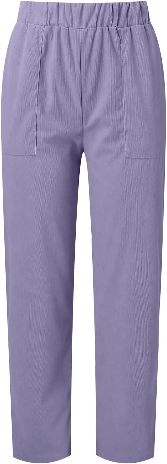 sdbrld Corduroy Pants Women Petite 2024 Spring Elastic High Waist Pull On Straight Leg Slacks Casual Trousers with Pockets