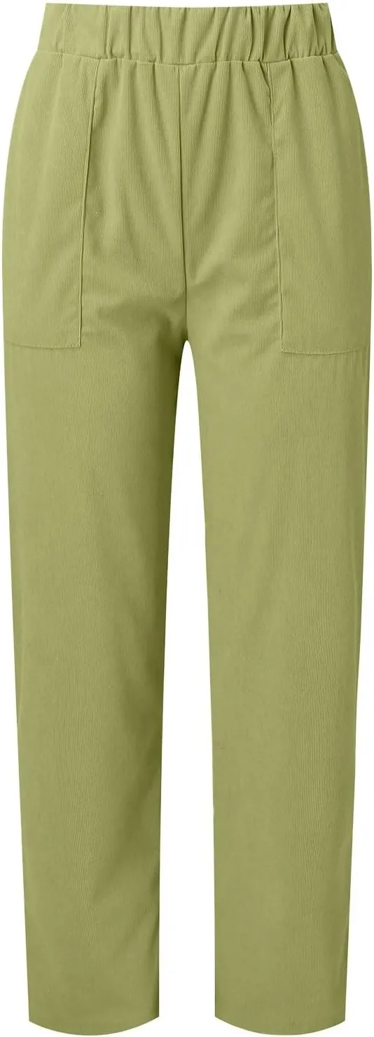 sdbrld Corduroy Pants Women Petite 2024 Spring Elastic High Waist Pull On Straight Leg Slacks Casual Trousers with Pockets