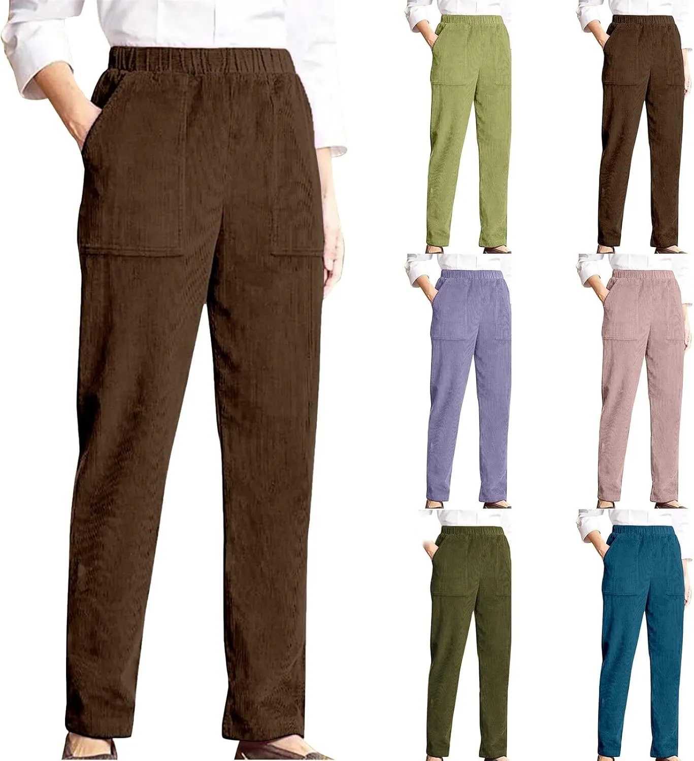 sdbrld Corduroy Pants Women Petite 2024 Spring Elastic High Waist Pull On Straight Leg Slacks Casual Trousers with Pockets