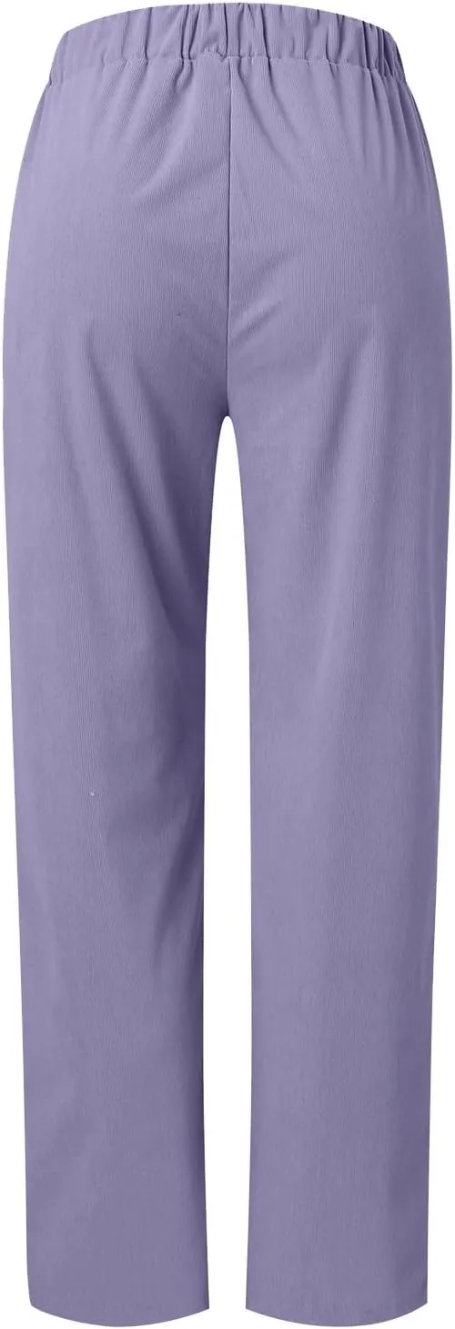 sdbrld Corduroy Pants Women Petite 2024 Spring Elastic High Waist Pull On Straight Leg Slacks Casual Trousers with Pockets