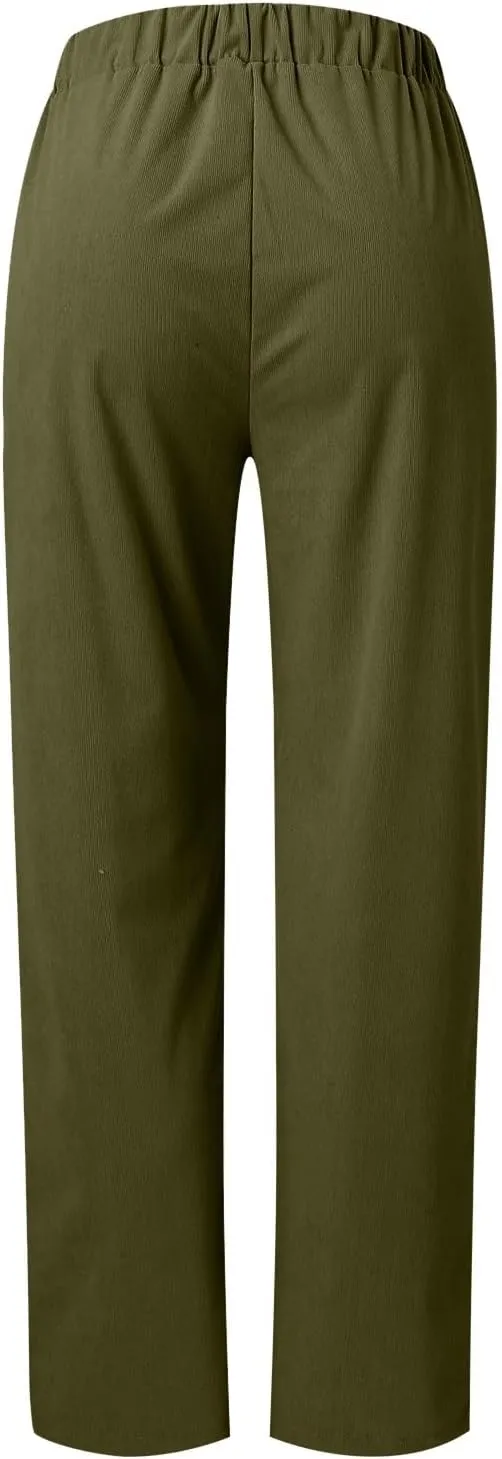 sdbrld Corduroy Pants Women Petite 2024 Spring Elastic High Waist Pull On Straight Leg Slacks Casual Trousers with Pockets