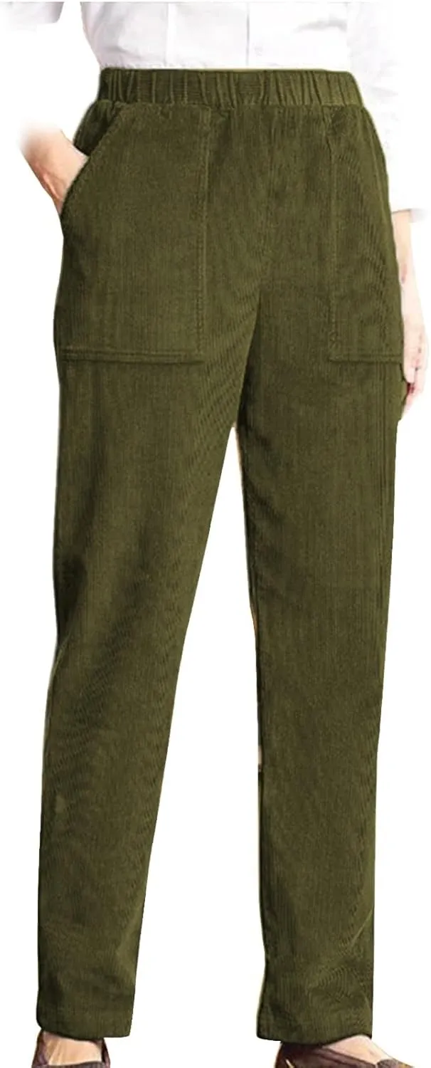 sdbrld Corduroy Pants Women Petite 2024 Spring Elastic High Waist Pull On Straight Leg Slacks Casual Trousers with Pockets