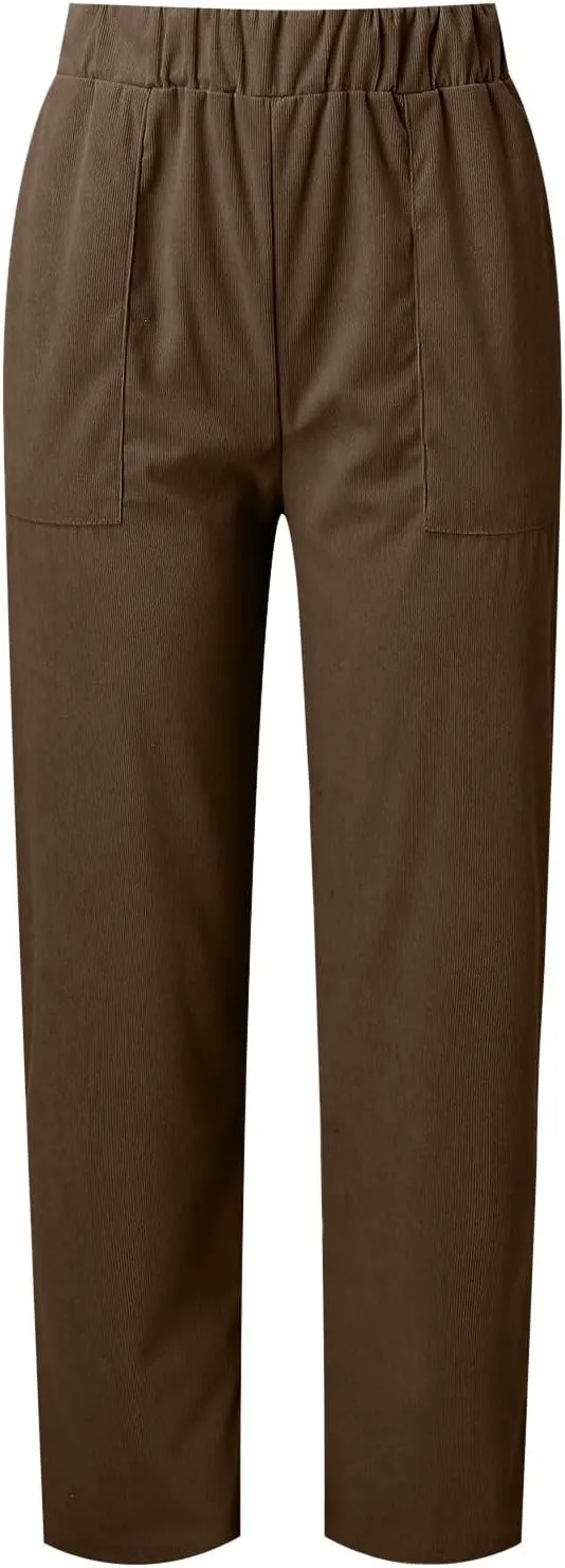 sdbrld Corduroy Pants Women Petite 2024 Spring Elastic High Waist Pull On Straight Leg Slacks Casual Trousers with Pockets