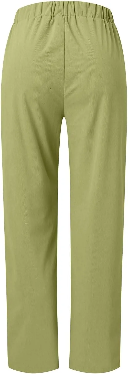 sdbrld Corduroy Pants Women Petite 2024 Spring Elastic High Waist Pull On Straight Leg Slacks Casual Trousers with Pockets