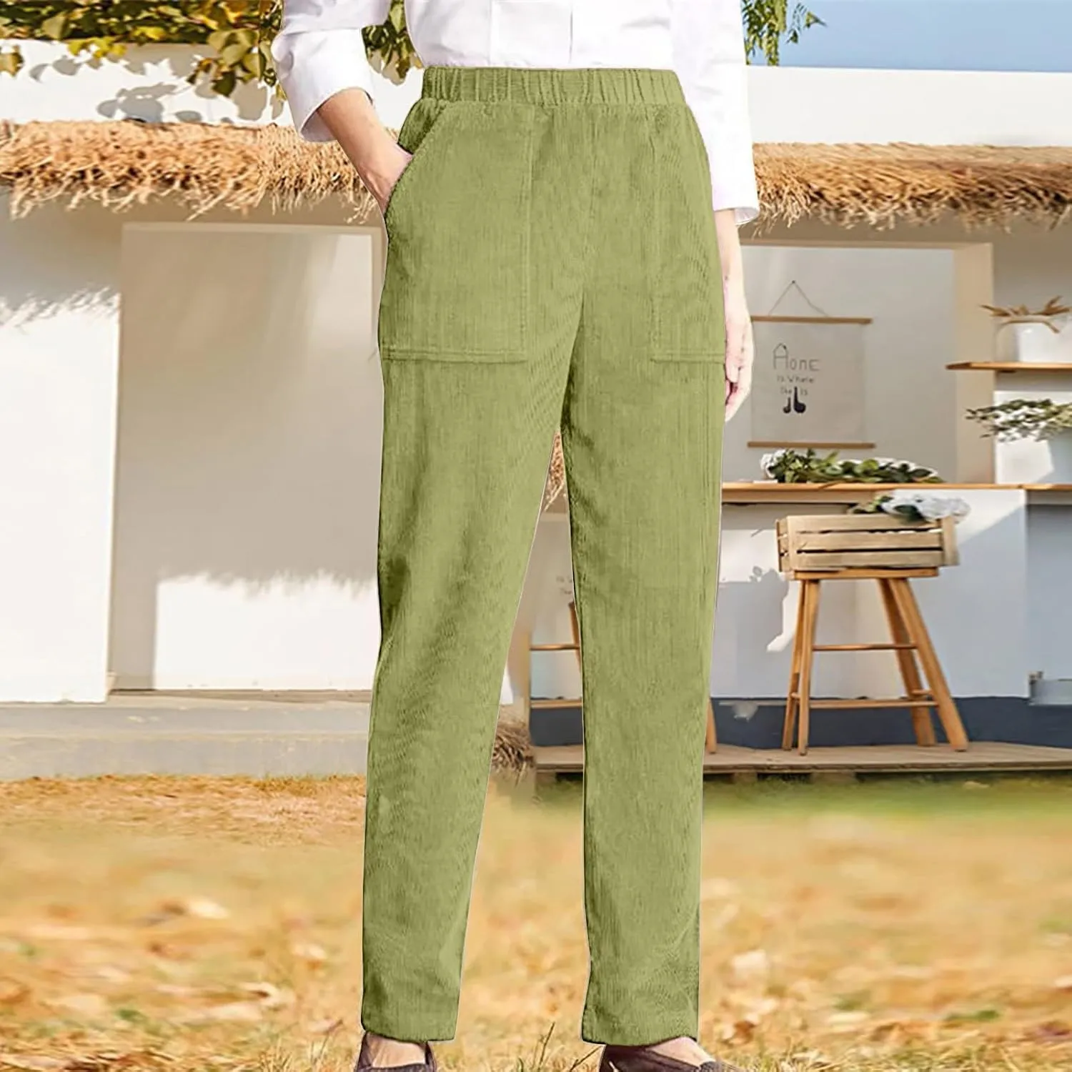 sdbrld Corduroy Pants Women Petite 2024 Spring Elastic High Waist Pull On Straight Leg Slacks Casual Trousers with Pockets