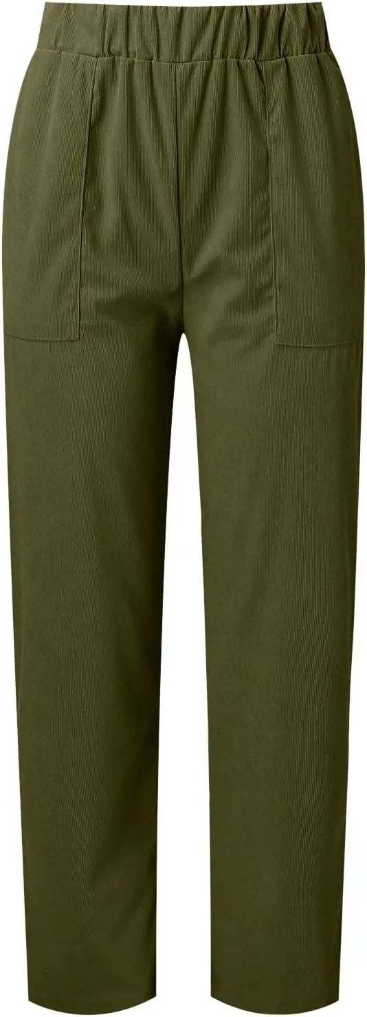 sdbrld Corduroy Pants Women Petite 2024 Spring Elastic High Waist Pull On Straight Leg Slacks Casual Trousers with Pockets
