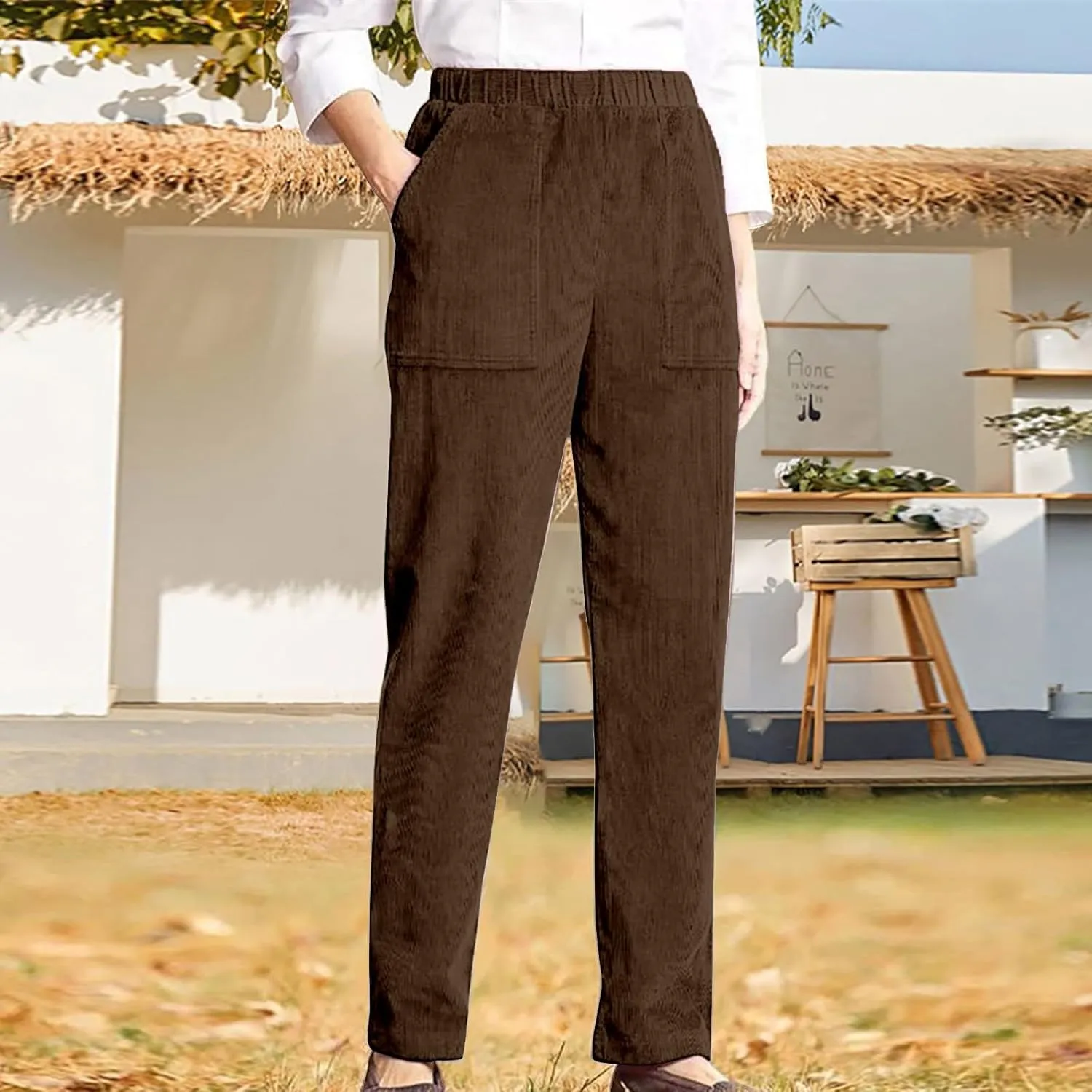 sdbrld Corduroy Pants Women Petite 2024 Spring Elastic High Waist Pull On Straight Leg Slacks Casual Trousers with Pockets