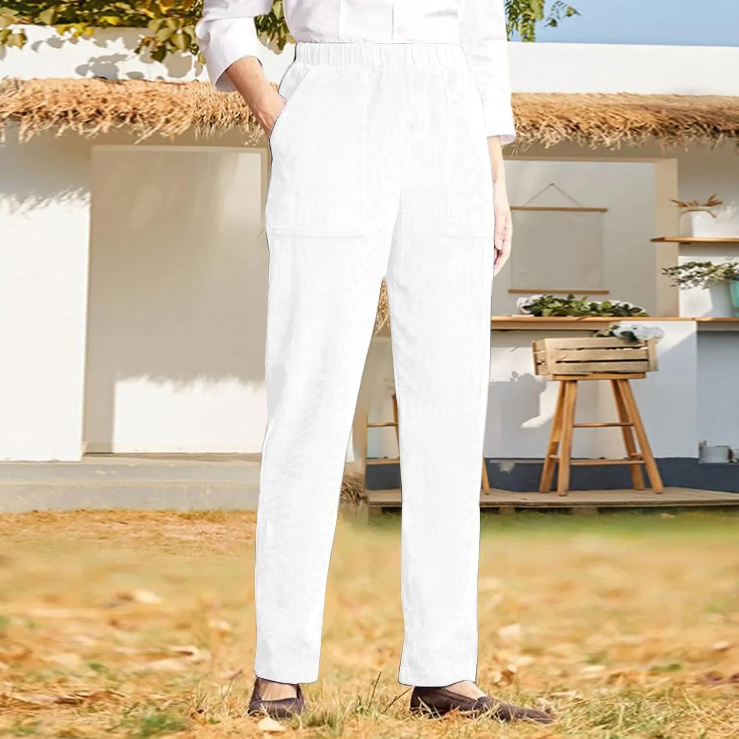 sdbrld Corduroy Pants Women Petite 2024 Spring Elastic High Waist Pull On Straight Leg Slacks Casual Trousers with Pockets