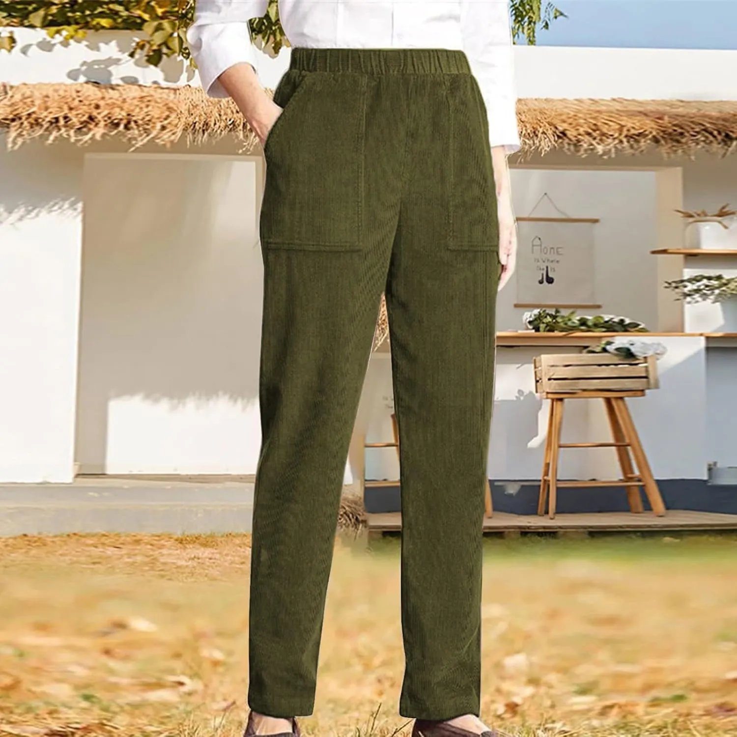 sdbrld Corduroy Pants Women Petite 2024 Spring Elastic High Waist Pull On Straight Leg Slacks Casual Trousers with Pockets