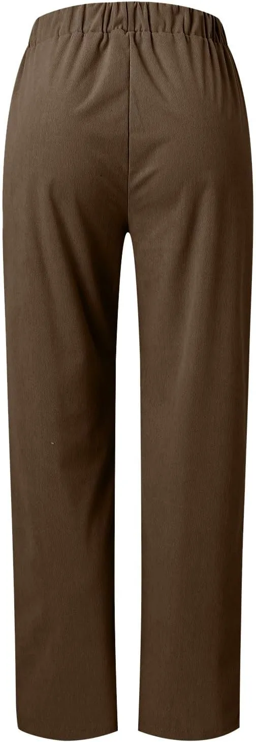 sdbrld Corduroy Pants Women Petite 2024 Spring Elastic High Waist Pull On Straight Leg Slacks Casual Trousers with Pockets