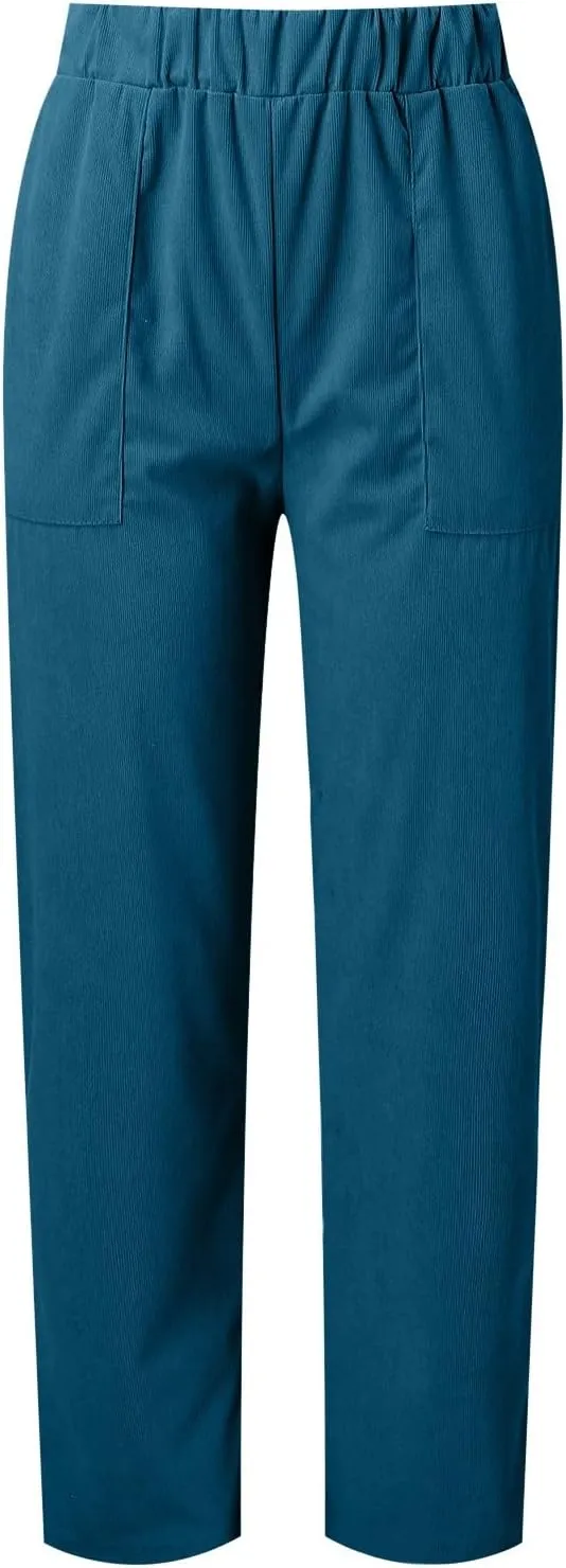sdbrld Corduroy Pants Women Petite 2024 Spring Elastic High Waist Pull On Straight Leg Slacks Casual Trousers with Pockets
