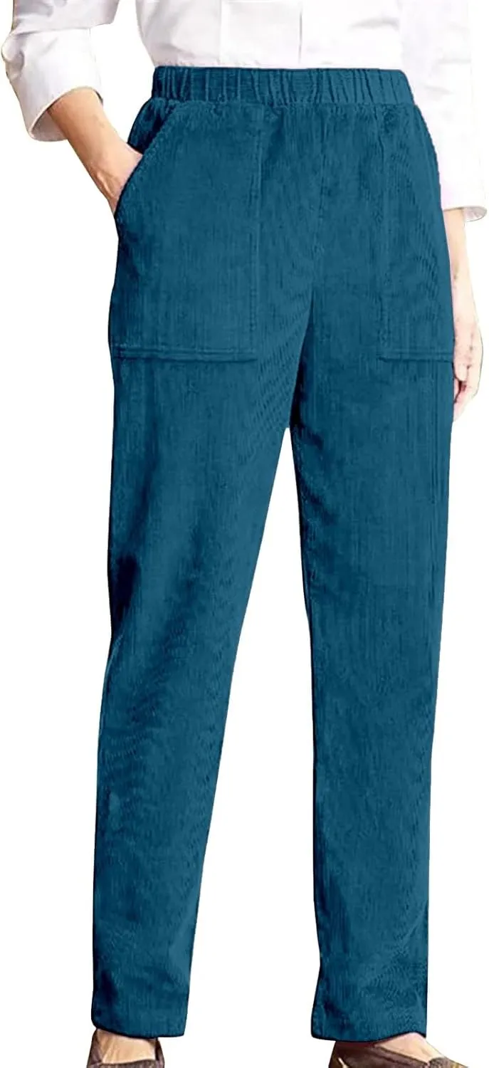 sdbrld Corduroy Pants Women Petite 2024 Spring Elastic High Waist Pull On Straight Leg Slacks Casual Trousers with Pockets
