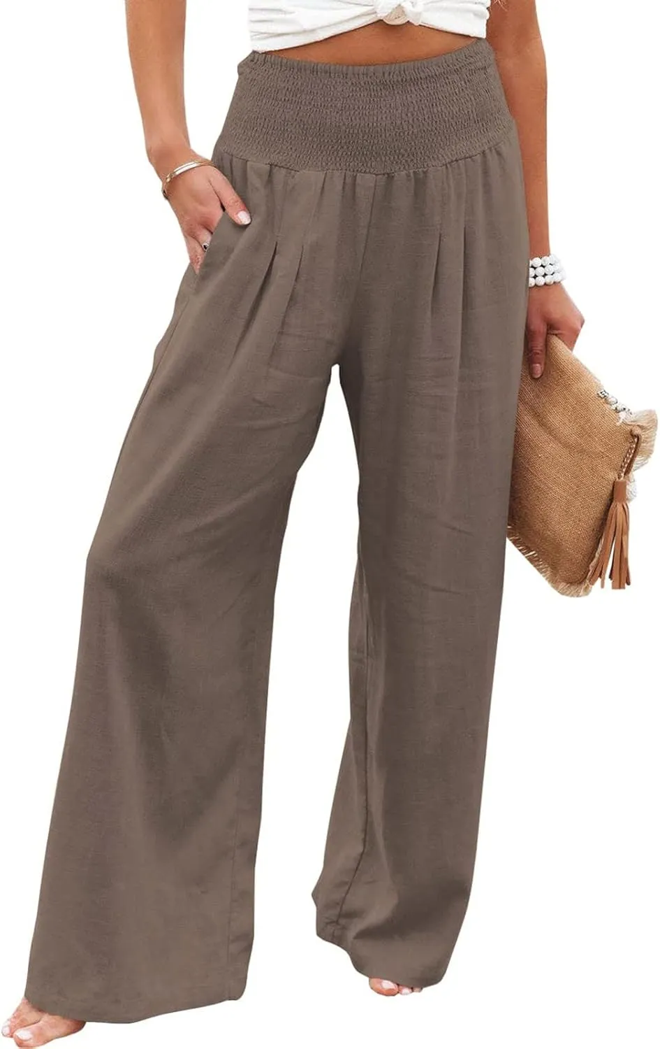 sdbrld Linen Pants for Women Summer Wide Leg Cotton Linen Trousers Fashion High Waist Beach Palazzo Pants Lounge with Pockets
