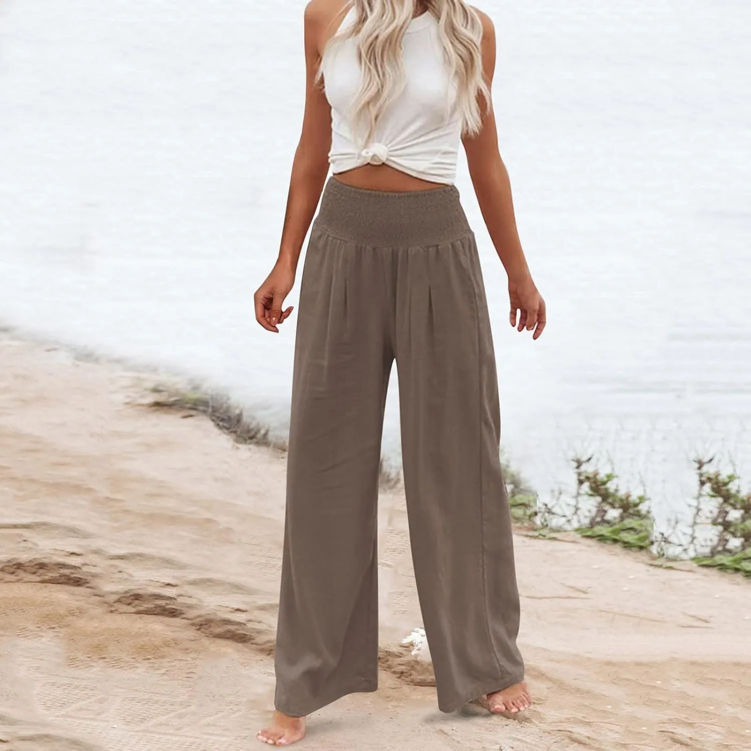 sdbrld Linen Pants for Women Summer Wide Leg Cotton Linen Trousers Fashion High Waist Beach Palazzo Pants Lounge with Pockets