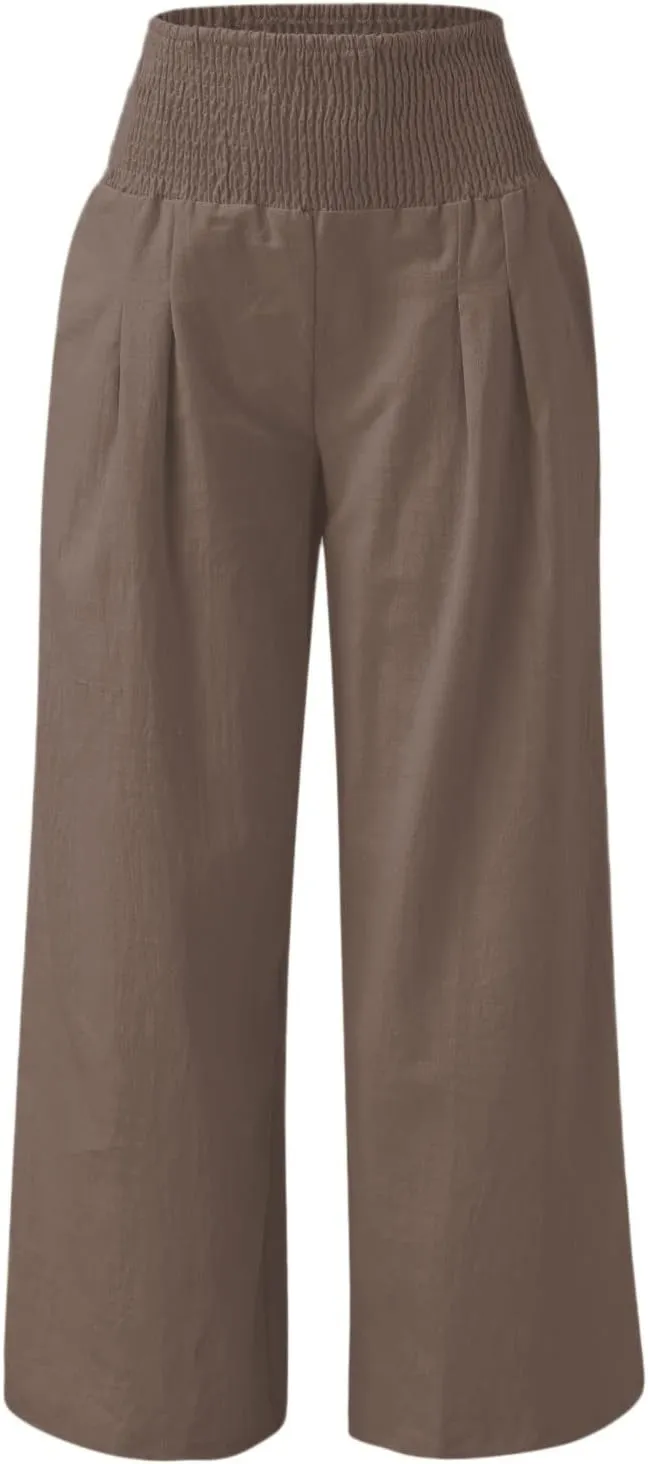 sdbrld Linen Pants for Women Summer Wide Leg Cotton Linen Trousers Fashion High Waist Beach Palazzo Pants Lounge with Pockets