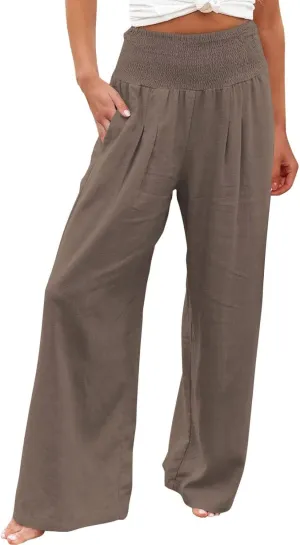 sdbrld Linen Pants for Women Summer Wide Leg Cotton Linen Trousers Fashion High Waist Beach Palazzo Pants Lounge with Pockets