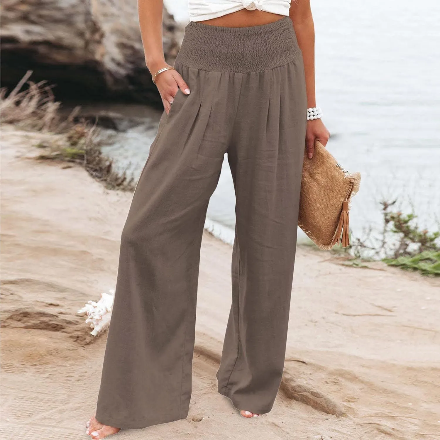 sdbrld Linen Pants for Women Summer Wide Leg Cotton Linen Trousers Fashion High Waist Beach Palazzo Pants Lounge with Pockets