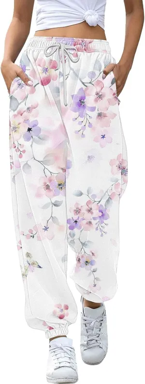 SHAOBGE Fall Sweatpants for Women 2024 with Pockets Casual Lounge Oversized Foral Print High Waist Ealstic Drawstring Pants