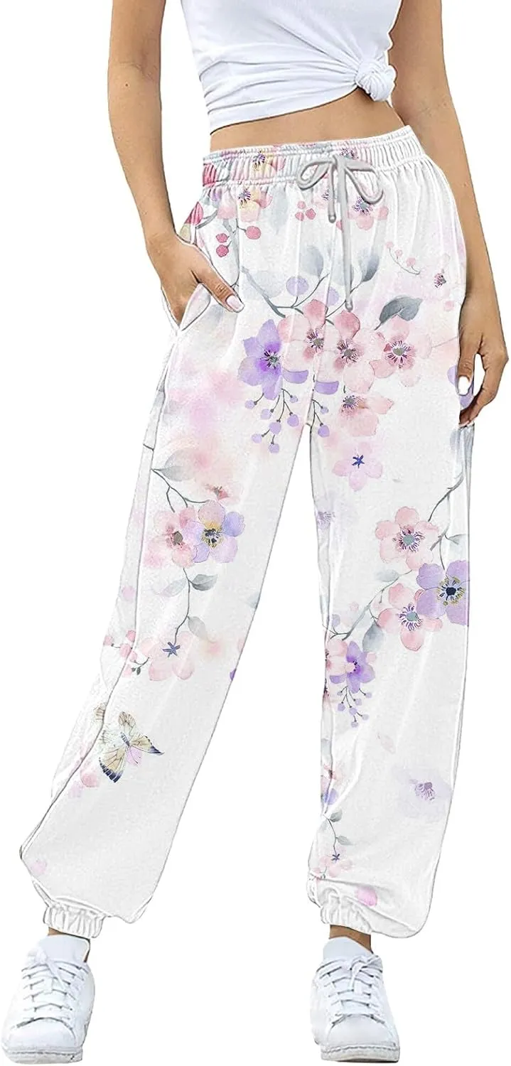 SHAOBGE Fall Sweatpants for Women 2024 with Pockets Casual Lounge Oversized Foral Print High Waist Ealstic Drawstring Pants