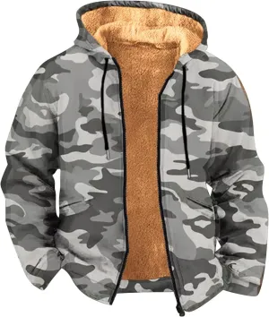 Sherpa Lined Jacket Men Hooded Camo Shirt Fleece Thick Hoodie Zip Warm Jacket Outdoor Coat Winter Outerwear Hunting