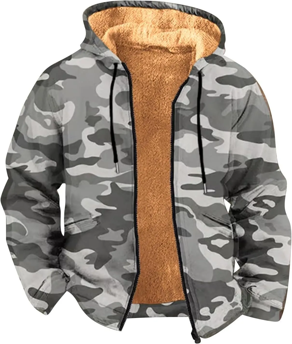 Sherpa Lined Jacket Men Hooded Camo Shirt Fleece Thick Hoodie Zip Warm Jacket Outdoor Coat Winter Outerwear Hunting