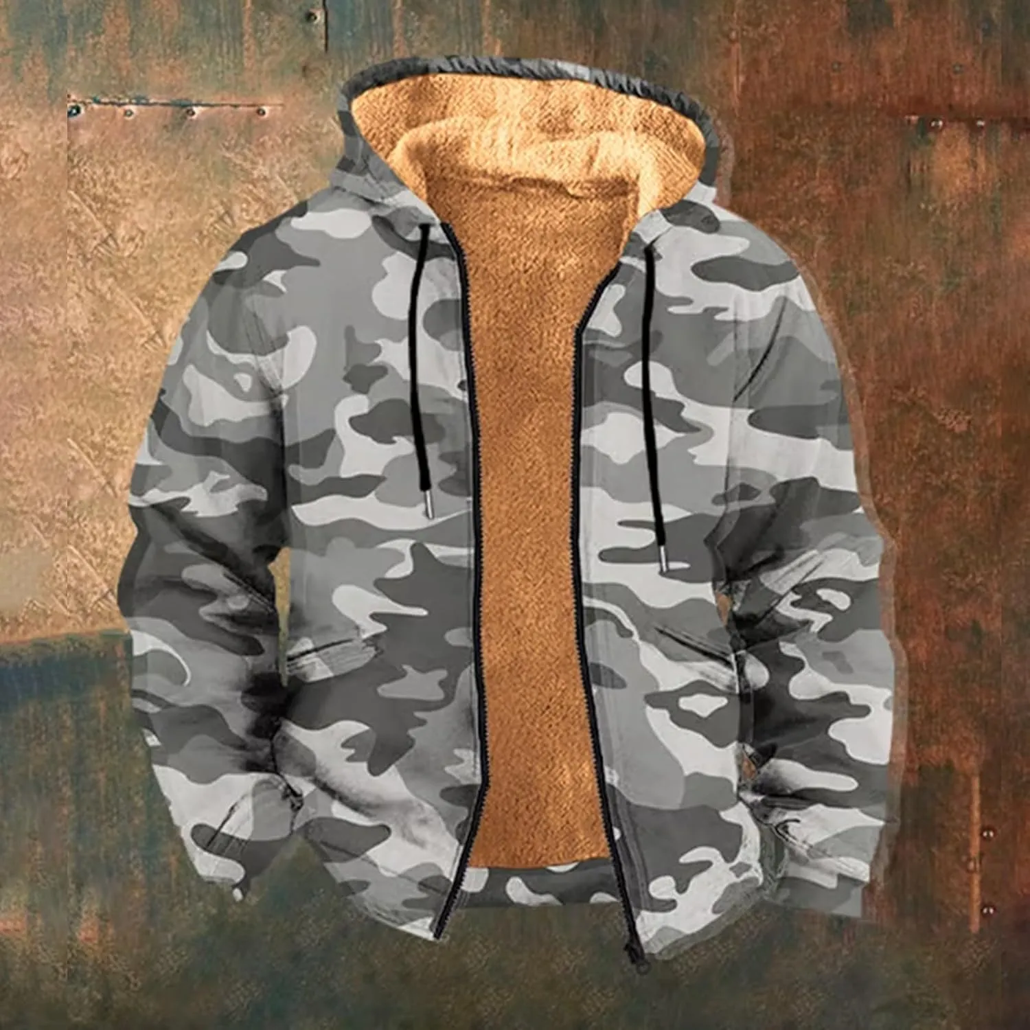 Sherpa Lined Jacket Men Hooded Camo Shirt Fleece Thick Hoodie Zip Warm Jacket Outdoor Coat Winter Outerwear Hunting