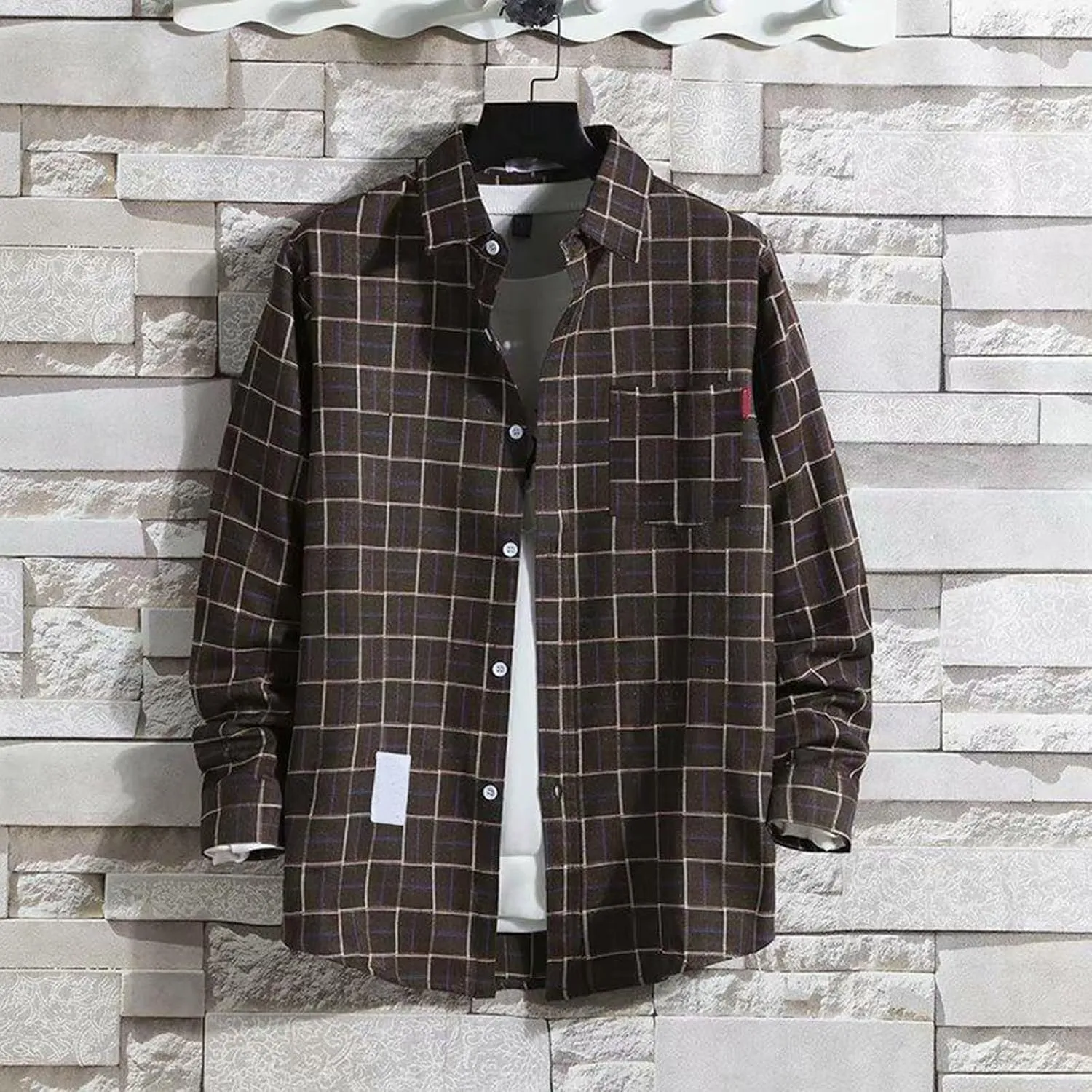 Shirt for Men Long Sleeve Button Up Checked Work Shirts Stylish Spring T Shirts with Pockets Retro Jacket Western