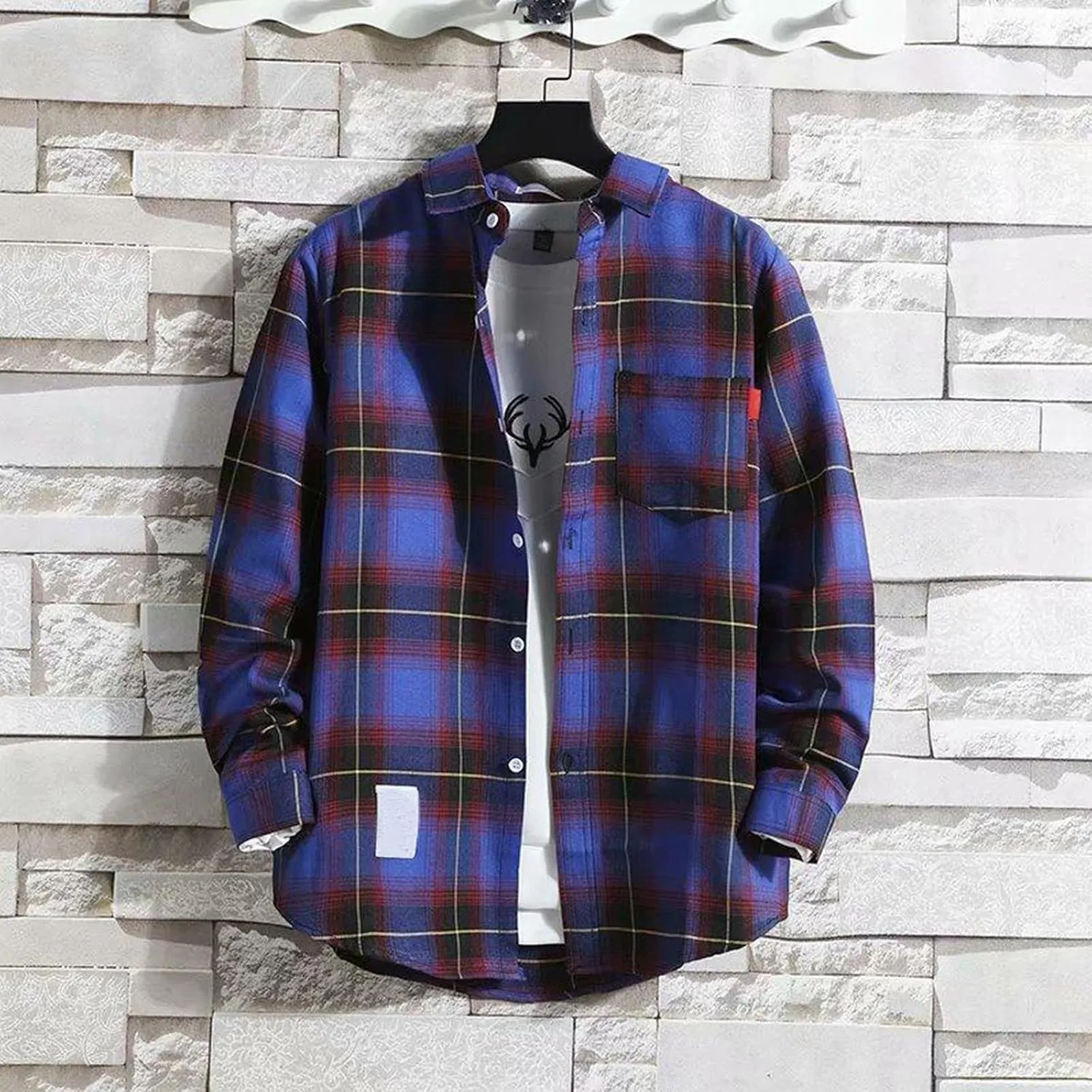 Shirt for Men Long Sleeve Button Up Checked Work Shirts Stylish Spring T Shirts with Pockets Retro Jacket Western