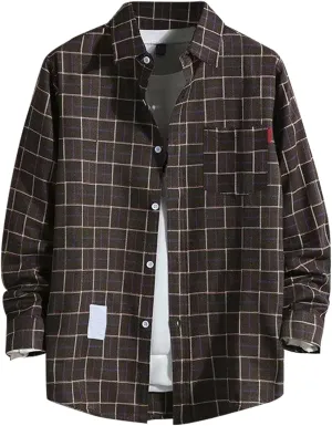 Shirt for Men Long Sleeve Button Up Checked Work Shirts Stylish Spring T Shirts with Pockets Retro Jacket Western