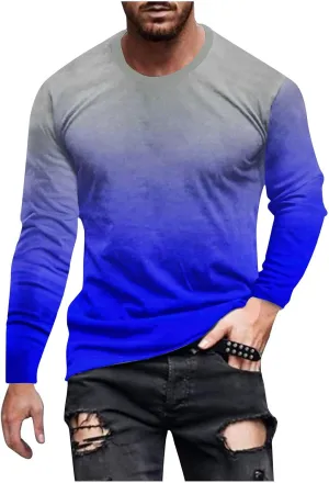 Shirts for Men Long Sleeve Casual Loose Gradient Color Print Crewneck Sweatshirt Lightweight Gym Workout Pullover Top