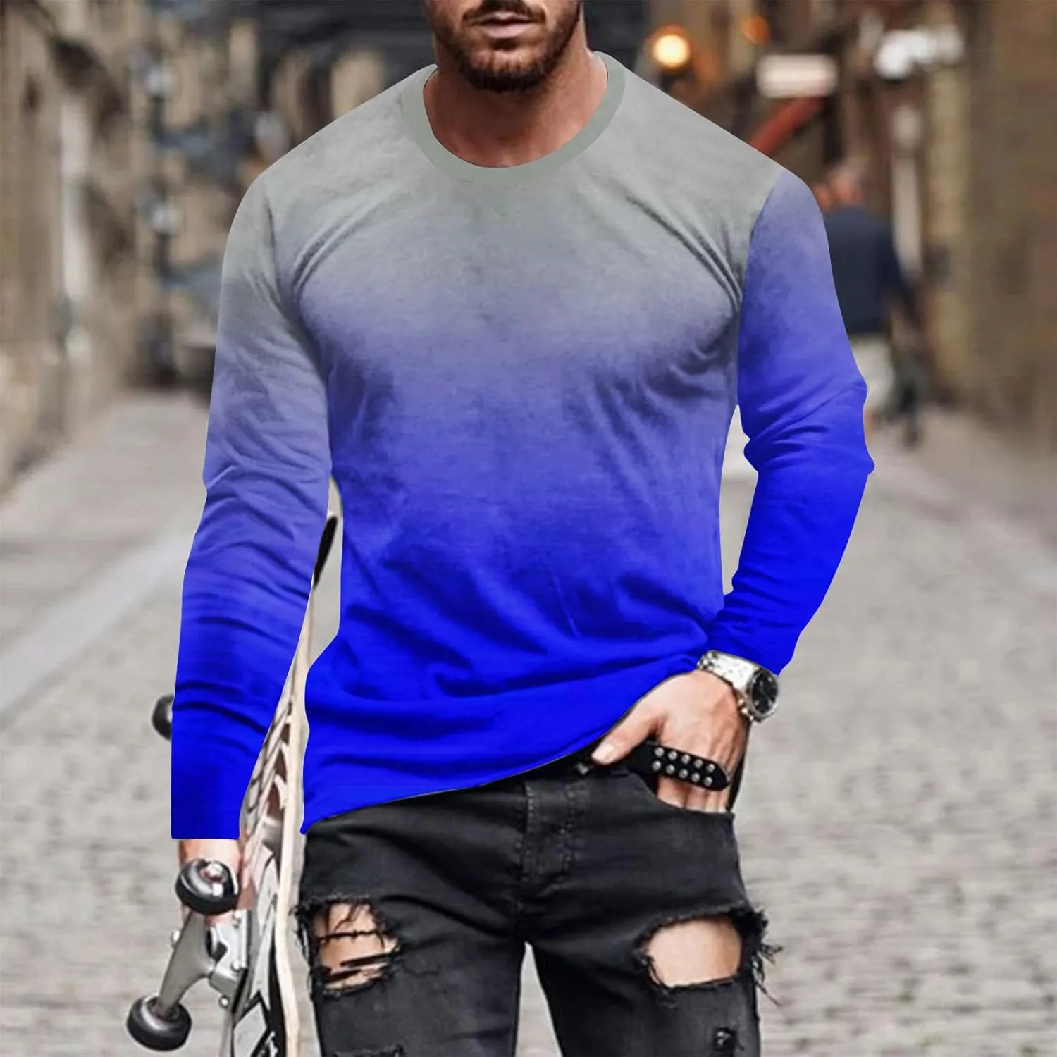 Shirts for Men Long Sleeve Casual Loose Gradient Color Print Crewneck Sweatshirt Lightweight Gym Workout Pullover Top