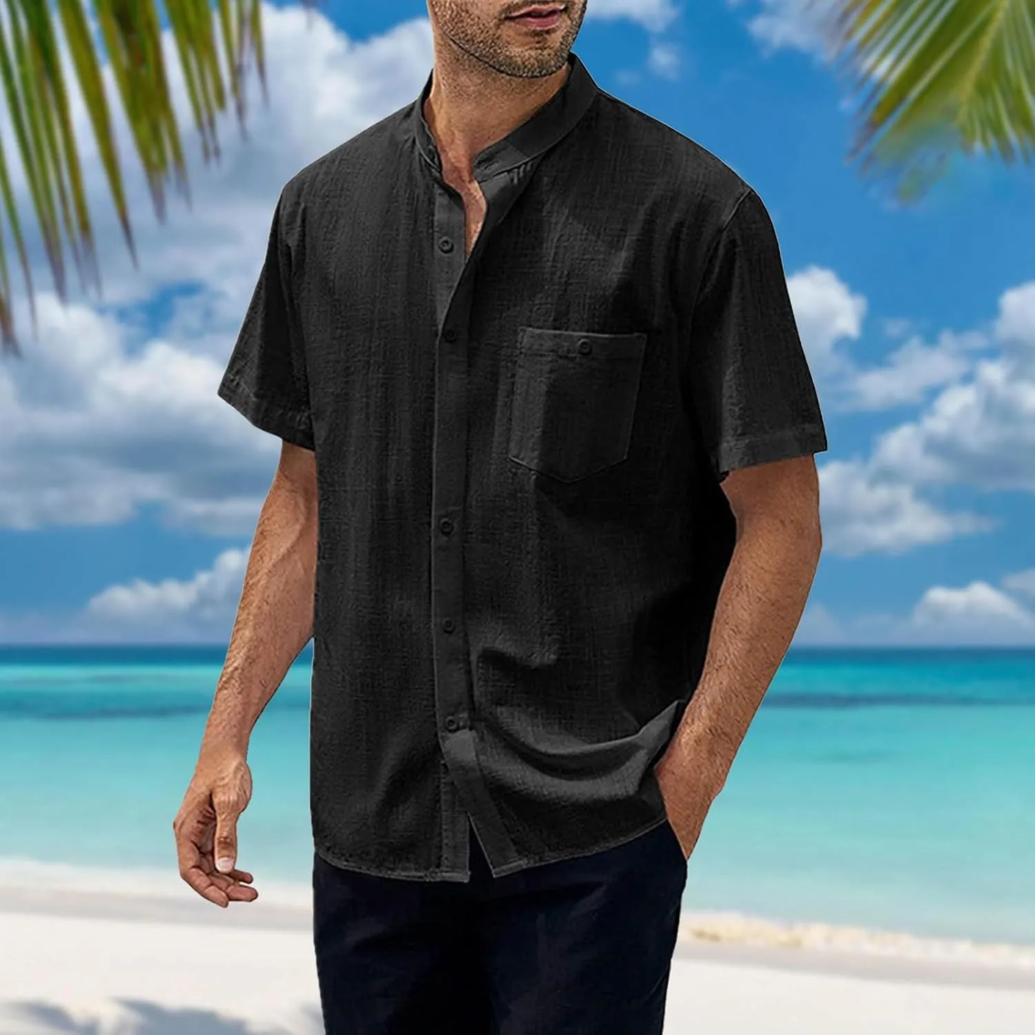 Short Sleeve Button Down Men Cuban Guayabera Big and Tall Casual Beach Wear Clothing with Pocket Green Plus Size